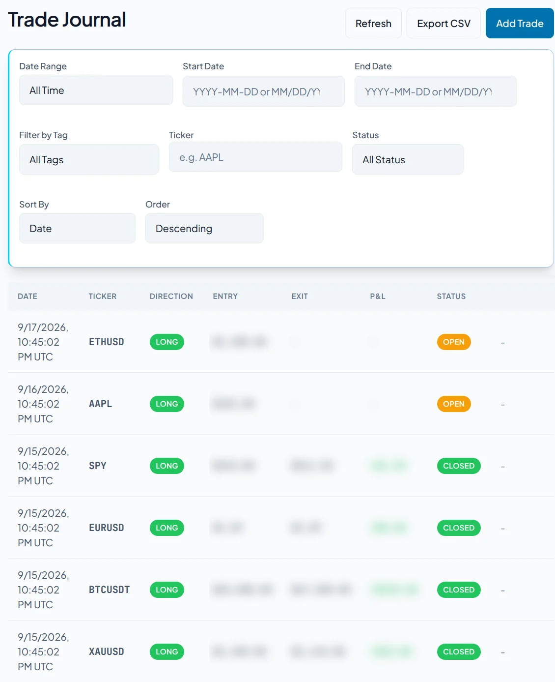 The biidin trade journal: a filter panel for date range, tag, ticker, status and sort order above a table of trades with ticker, direction, entry, exit, result and status columns.